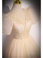 Pretty A Line V Neckline Short Sleeves Long Evening Party Dresses Evening Prom Dresses