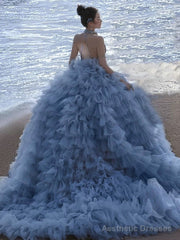 Pretty Ball Gown High Neckline Tulle Layers Long Blue Ruffles Prom Dresses Sweet 16 Dresses