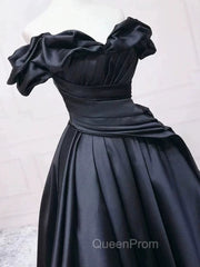 Pretty Ball Gown Off The Shoulder Black Satin Evening Prom Dresses Evening Dresses With Pleated