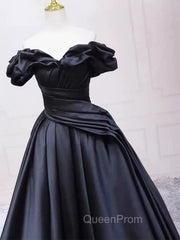 Pretty Ball Gown Off The Shoulder Black Satin Evening Prom Dresses Evening Dresses With Pleated