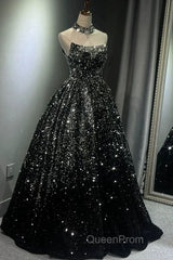 Pretty Ball Gown Strapless Black Sequin Evening Prom Dresses Evening Dresses