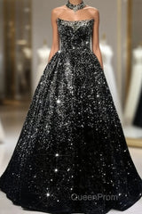 Pretty Ball Gown Strapless Black Sequin Evening Prom Dresses Evening Dresses