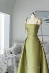 Pretty Ball Gown Straps Sage Green Satin Long Length Evening Dresses Evening Prom Dresses