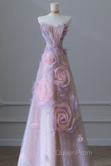 Pretty Ball Gown Sweetheart Pink Floral Tulle Long Evening Prom Dresses Evening Gowns