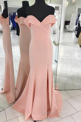 Pretty Blush Pink Mermaid V-Neck Off Shoulder Evening Prom Dresses Long