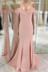 Pretty Blush Pink Mermaid V-Neck Off Shoulder Evening Prom Dresses Long