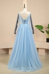 Pretty Light Blue A-Line Puffy Sleeves Party Dresses, Light Blue Evening Dresses Evening Prom Dresses
