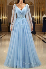 Pretty Light Blue A-Line Puffy Sleeves Party Dresses, Light Blue Evening Dresses Evening Prom Dresses
