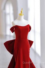 Pretty Mermaid Off The Shoulder Burgundy Satin Long Evening Dresses Evening Prom Dresses