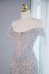 Pretty Mermaid Off The Shoulder Silver Sequin Evening Dresses Evening Prom Dresses