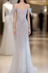 Pretty Mermaid Off The Shoulder Silver Sequin Evening Dresses Evening Prom Dresses