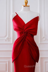 Pretty Mermaid One Shoulder Red Satin Long Evening Dresses Evening Prom Dresses