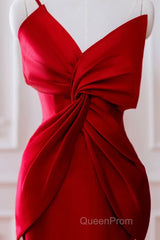 Pretty Mermaid One Shoulder Red Satin Long Evening Dresses Evening Prom Dresses