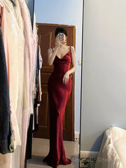Pretty Mermaid Spaghetti Straps Burgundy Satin Long Floor Length Prom Dresses
