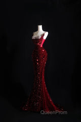 Pretty Mermaid Spaghetti Straps Sequin Beads Burgundy Long Evening Prom Dresses Formal Evening Dresses