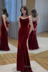 Pretty Mermaid Spaghetti Straps Wine Red Velvet Long Evening Dresses Evening Prom Dresses