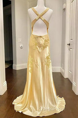 Pretty Mermaid Spaghetti Straps Yellow Backless Long Party Dresses Evening Prom Dresses