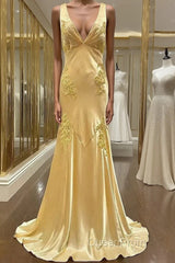 Pretty Mermaid Spaghetti Straps Yellow Backless Long Party Dresses Evening Prom Dresses