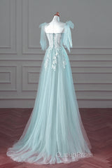 Pretty Mint Blue Tulle With Lace A-Line Long Party Dresses, Mint Blue Evening Prom Dresses Fornal Dresses