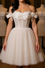 Pretty Off Shoulder Ivory Evening Prom Dresses Short, Ivory Homecoming Dresses, Formal Graduation Evening Dresses
