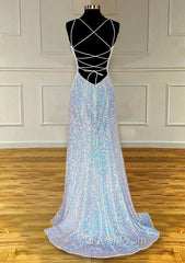 Pretty Evening Prom Dresses, Sheath/Column V Neck Spaghetti Straps Sweep Train Sequined Evening Prom Dresses With Pleated