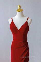 Pretty Red Mermaid Straps Long Evening Dresses With Leg Slit, Red Evening Prom Dresses