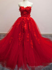Pretty Red Sweetheart Strapless Ball Gown Applique Tulle Long Prom Dress,Party Dresses