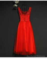 Pretty Red Tulle and Lace Tea Length Party Dress, Red Bridesmaid Dress