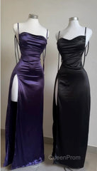 Pretty Sheath Spaghetti Straps Floor Length Ruffles Grape Slit Evening Prom Dresses