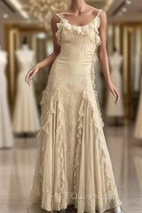 Pretty Sheath Spaghetti Straps Yellow Floor Length Evening Dresses Chiffon Evening Prom Dresses