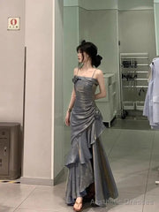 Pretty Sheath Straps Sleeveless Evening Dress Gray Long Ruffles Prom Dresses