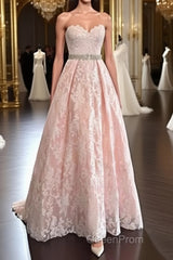 Pretty Sweetheart Neck Pink Lace Evening Prom Dresses, Pink Evening Dresses