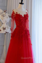 Pretty Tulle Long Evening Prom Dresses With Applique,Red Party Dresses Formal Evening Dresses