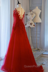 Pretty Tulle Long Evening Prom Dresses With Applique,Red Party Dresses Formal Evening Dresses