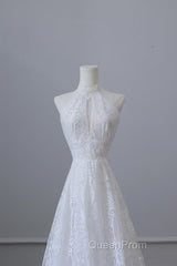 Princess A Line High Neckline White Lace Long Wedding Dresses Brides Dresses