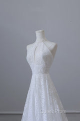 Princess A Line High Neckline White Lace Long Wedding Dresses Brides Dresses