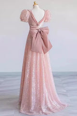 Princess A Line Pink Short Sleeves Sequin Long Evening Prom Dresses