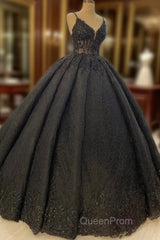 Princess Ball Gown Spaghetti Straps Beaded Black Wedding Dresses