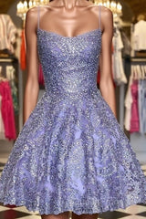 Princess Beaded Purple Lace Evening Prom Dresses, Short Purple Lace Homecoming Dresses, Purple Formal Evening Dresses