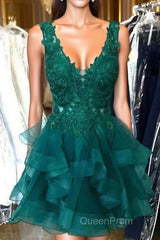 Princess Lace Appliques Dark Green Homecoming Dresses with Flounced,Short Evening Prom Dresses