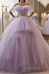 Princess Lavender Tulle Floral Long Evening Prom Dresses, Lavender Formal Evening Dresses, Purple Ball Gown