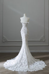 Princess Mermaid Strapless White Lace Long Wedding Dresses Brides Dresses