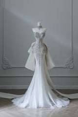 Princess Mermaid Sweetheart White Tulle Long Wedding Dresses Brides Dresses