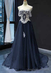 Princess Off-the-Shoulder Sweep Train Tulle Satin Prom Dresses With Appliqued