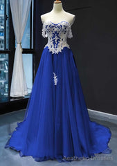 Princess Off-the-Shoulder Sweep Train Tulle Satin Prom Dresses With Appliqued