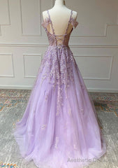 Princess Spaghetti Straps Floor-Length Tulle Prom Dress With Beading Appliqued