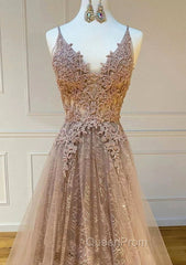 Princess V Neck Sweep Train Lace Tulle Yarn Evening Prom Dresses With Glitter