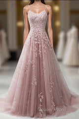 Pink Lace Applique A Line Elegant Spaghetti Straps Evening Prom Dresses