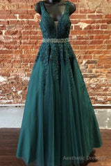 Deep Green Prom Dresses, Tulle Lace V Neck Long Prom Dress Formal Dress