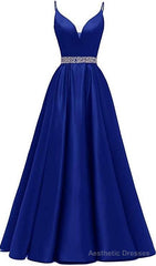 A-line Royal Blue Prom Dresses, Satin Prom Dress With Beading
